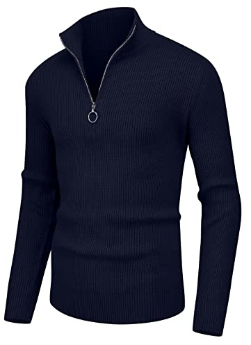 Sailwind Jerseys 1/4 Cremallera Cuello Polo para Hombre Manga Larga Tops Cuello Tortuga Cosido Cuarto De Cremallera Jersey De Punto (Azul Marino, L)