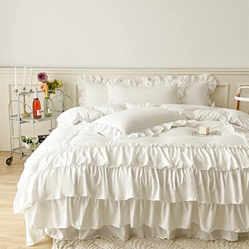 IHOUSTRIY Ruffle Duvet Cover Queen Size,100% Washed Microfiber 3pcs Bedding Duvet Cover Set, Shabby Chic Farmhouse Duvet Cover and Pillow Shams, Zipper Closure & Corner Ties, Easy Care, White - Queen