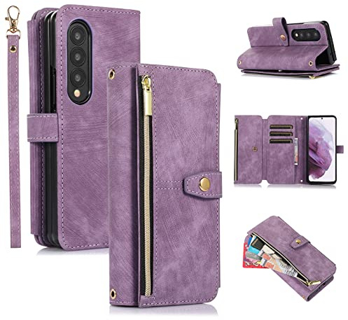 UEEBAI Case for Z Fold 4, 9 Card Slots Retro Leather Wallet Shockproof Flip Cover with Hand Strap Card Slots Zipper Pocket Kickstand Handbag Magnetic Closure - Purple