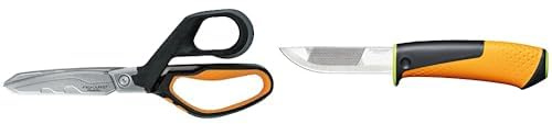 Fiskars Hochleistungsschere, Länge 21 cm, Schwarz/Orange, PowerArc, 1027204 & Hochleistungsmesser inklusive Holster mit integriertem Messerschärfer, Gesamtlänge: 21,9 cm, Schwarz/Orange/Grün, 1023619