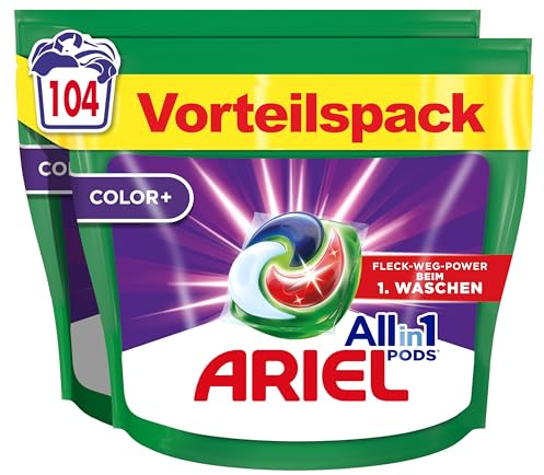 Ariel Waschmittel Pods All-in-1, Color+ Flüssigwaschmittel, 104 (2x52) Waschladungen, Kraftvolle Fleckenentfernung In Nur 1 Waschgang