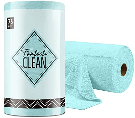 Fantasticlean Rotolo di Panno in Microfibra - 75 Pezzi, Panni per la Pulizia Strappabili, Strofinacci Riutilizzabili e Senza Pelucchi per Casa, Cucina e Auto 30 x 30 cm - Blu