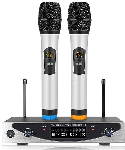 EKLEVOR Microphone sans Fil Microphones à Double Canal à Fréquence Fixe UHF Ensemble de Micro Haute définition avec Récepteur Rechargeable pour Karaoké, Mariage, Discours, Fête, Église, Classe, DJ