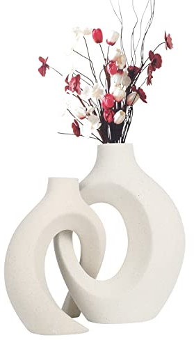 Vase Weiß Matt Set, 2pcs Keramik Hydroponik-Vase, Modern Zimmer Deko Donut Vasen Matt, Keramik Vase Mit Frische Blumen, Blumenvase Deko Wohnzimmer für Blumen Pampasgras Tabelle Bücherregal Kaminsims
