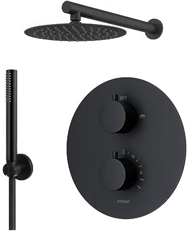 BADLAND Duschsystem Unterputz Regendusche Armatur Set Thermostatisch LUGO Schwarz Wasserhahn mit Kopfbrause