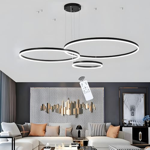 LIUYU Pendelleuchte 3 Ringe Schwarz dimmbar 40/60/80cm 106W | LED Pendelleuchte, 3 Ringe, gleichmäßiges Licht. Farbtemp. & Höhe (150 cm) einstellbar, Memory, Alu-Acryl