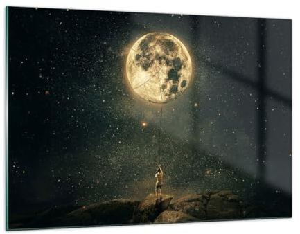 Quadri Moderni Soggiorno Luna Stelle Immaginazione Quadro su Vetro 120x80cm Stampe da Parete in Vetro Camera da Letto Cucina 1 pezzo Wall Art Grandi XXL Decorazione Murale Immagini GAA120x80-5249