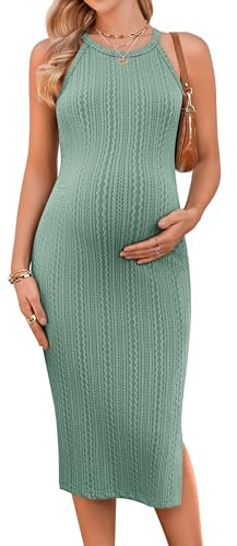 Ekouaer Women's 2026 Maternity Dress Halter Neck Midi Pregnancy Dress Sleeveless Baby Shower Dress Mint Green L