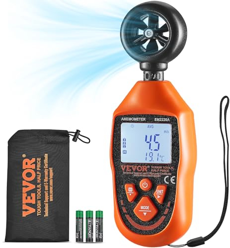 VEVOR Anemometro Portatile da -10-45℃ Misuratore di Velocità del Vento Temperatura Flusso d'Aria, Misuratore di Velocità del Vento Digitale con Display Retroilluminato LED Portatile, Anemometro Vento