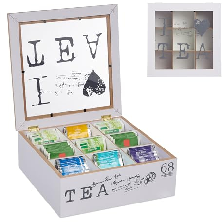 Relaxdays Scatola Porta tè e Tisane, Organizer Cassetti 9 Scomparti, 9x25x25 cm Tea Box con Coperchio MDF, Bianco Grigio, Fibra di Legno