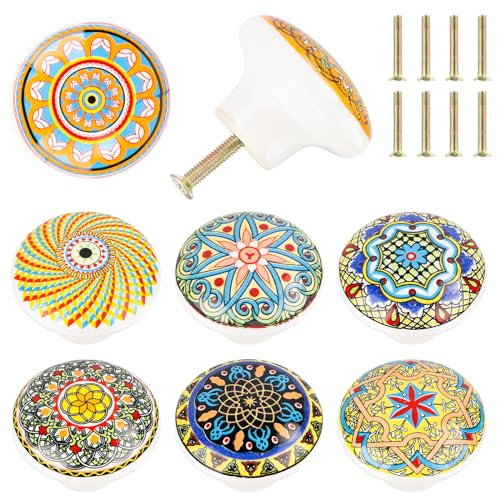 Fonyet 8 Stück Keramikknäufe Möbelknöpfe Bohème Stil Schrankknöpfe 39 mm Runde Schubladenknöpfe, Türknöpfe mit verschiedenen Mustern für Kommoden, Schubladen, Schränke