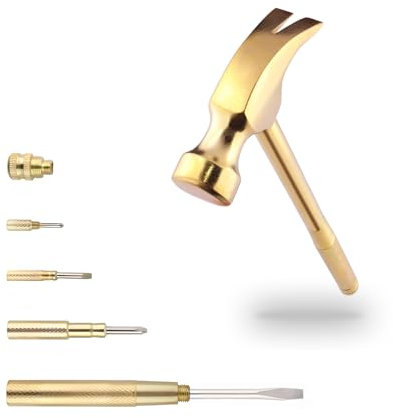 Multifunction Hammer 6 in 1 with Slotted/Flat Head Phillips Screwdriver Claw Hammer Manual, Portable Metal Mini Tool Hammer (Gold)