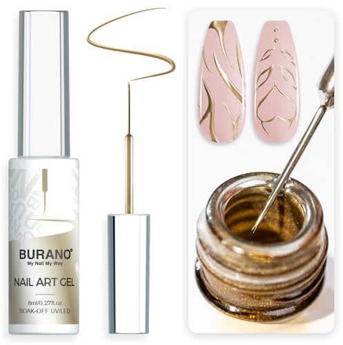 BURANO Gold Metallic Gel Nail Polish Liner, 3D Painted Mirror Chrome Painted Gel Nail Design 1 Bottle, 8ml (LX33)