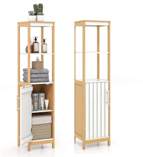 LIFEZEAL Bambu högskåp, badrumsskåp, badrumsskåp, 129 cm högt med fack och skåp, fristående sidoskåp, förvaringsskåp för badrum, hall, kök, vardagsrum, natur