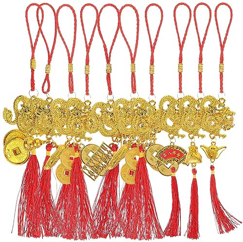 Cabilock Chinesischer Drache Neujahrs-Glücksanhänger 10 Stück Feng Shui 2024 Neujahr Baumschmuck Tierkreiszeichen Drache Viel Glück Quaste Frühlingsfest Auto-Hängedekoration