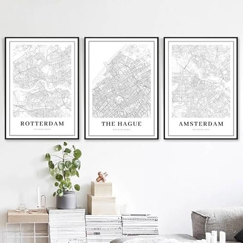 Niederlande Karte Poster Drucke Rotterdam Den Haag Amsterdam Stadtpläne 3 Stück Leinwand Malerei Büro Wand Kunst Raum Dekor 21Cmx30Cmx3Pcs Kein Rahmen