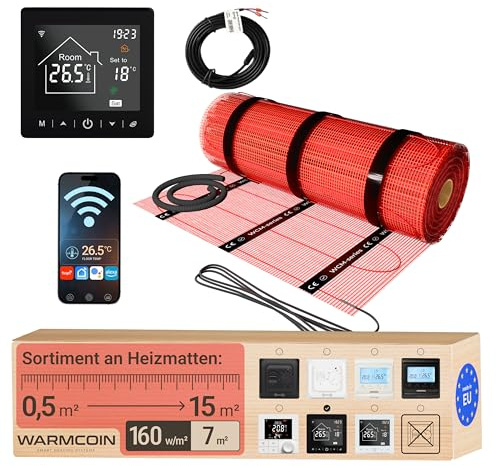 Warmcoin Set riscaldamento a pavimento elettrico 7 m² 160 W/m² - Termostato WLAN W100 nero con sensore migliorato - Tappetino riscaldante per laminato, vinile, piastrelle, riscaldamento a pavimento