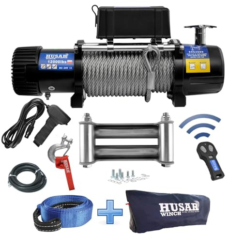 Husar Winch Elektrische Seilwinde 24V, 12000 lbs (5443 kg) mit Drahtseil 25m, drahtlose Fernsteuerung, 3-stufiges Planetengetriebe - für Abschleppwagen, Geländewagen, 4x4 Fahrzeuge