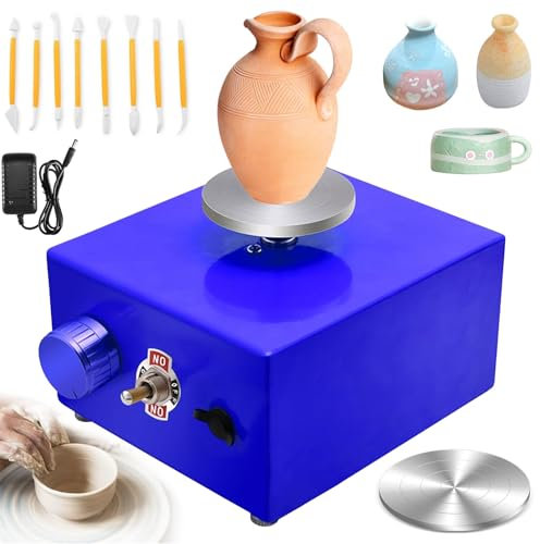 Kensbro Elektrische Töpferscheibe, Einstellbare Geschwindigkeit 0-2000 U/min, Mini Töpferscheibe mit 6.5 und 10 cm Drehscheibe, Geeignet für Keramik Clay Art Craft