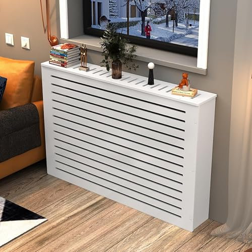 White Radiator Cover Louvered Grill Shelf Cabinet - Slatted Design Heater Cover Cabinet With Top Storage Shelf - for Living Room Home Decorative
