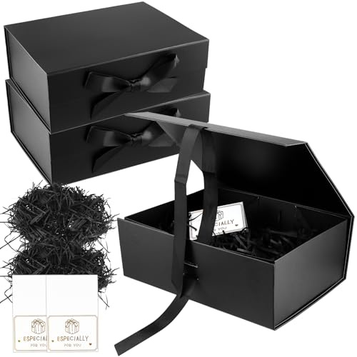 KEILEOHO 3 Stk Geschenkbox Schwarz, 29 x 22 x 10,5 cm Schwarze Geschenkkarton mit Magnetisch Deckel und Schleife, Geschenkboxen für Hochzeit, Geburtstag, Party