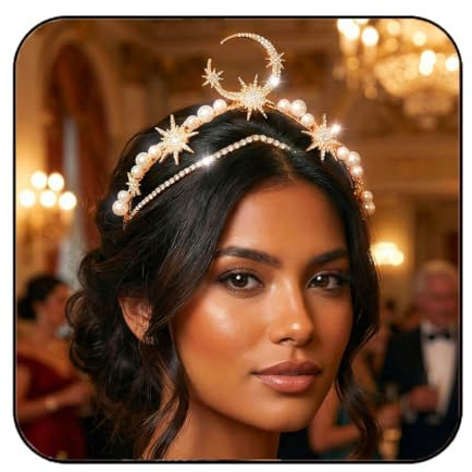 Fashband Stirnband mit Stern- und Mondkrone, goldfarben, Haarschmuck für Damen (G, Einheitsgröße)