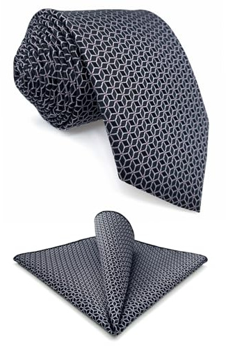 S&W SHLAX&WING Set de Corbata y Pañuelo de Bolsillo Negro con Cubos Blancos para Hombre 147cm