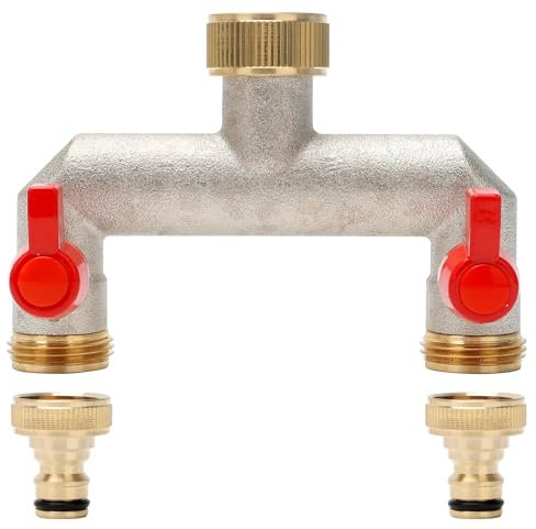 Yuragim 2-Wege Wasserhahn Wasserverteiler Verlängerter Griff 3/4 Zoll Messing Wasseranschluss Verteiler mit Individuellem Absperrhähnen, 2er Verteiler 3/4 Adapter 1/2 für Geräte Gartenschläuche