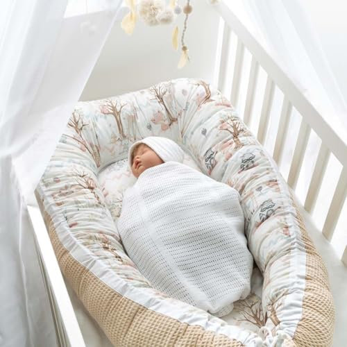Babynest Neugeborene Nestchen Kuschelnest Baby - Kokon Handmade zweiseitig aus Baumwolle Waffel mit Babynestchen Waldtiere (Boho Waldtiere)