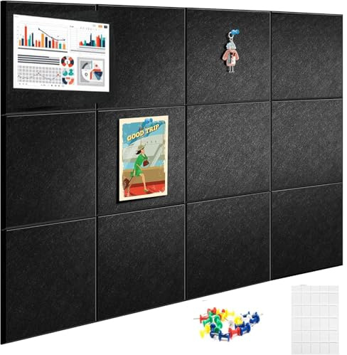 Large Cork Board Alternative，Felt Bulletin Board with Removable Adhesive Tabs, Notice Boards Pin Board Wall Tiles with 60 Pins for Office,Home,Cork Boards for Photos Memos (Black, 12)