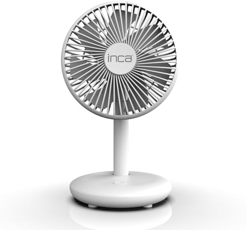 İnca IMF-14B Ventilatore da tavolo silenzioso, 4 velocità, ventilatore tipo C, batteria da 1200 mAh, funzionamento fino a 3-5 ore, per casa, ufficio, bianco