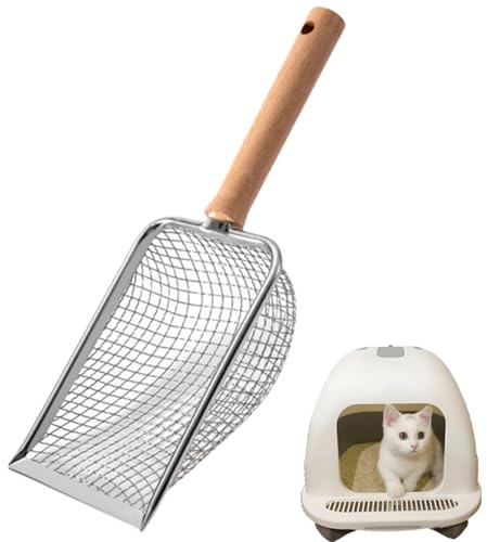 MITUMORMOR Pala per gatti in acciaio inox per lettiera, in metallo, distanza tra i fori 5 mm, manico in lettiera Scooper, pala per lettiera per gatti, pala con manico in legno, Litter Box Scoop