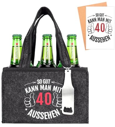 Kaempe Geschenk 40 Geburtstag Männer, 40. Geburtstag Männerhandtasche Bier Filz mit Flaschenöffner Und Grußkarten für Mann Frau, Männerhandtasche Bier Flaschentasche für 6 Bierflaschen