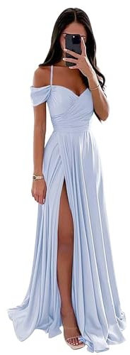 Vestido de dama de honor de satén con hombros descubiertos, vestido de noche largo formal con abertura fruncida, línea A, tirantes delgados, vestido de invitada de boda, Lila, 46