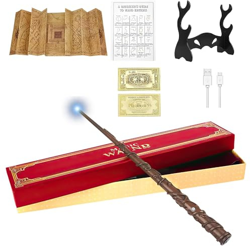 YANGUN Zauberstab Hermine Granger mit Licht, 37CM Hermine Zauberstab aus Harz, Zauberstäbe, Magic Wand in Geschenkbox mit Zauberspruch Karte, Landkarte, Stationsticket, Zauberstabhalter