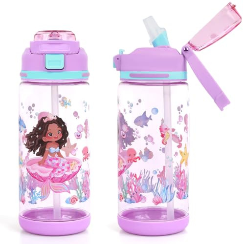 decalsweet Borraccia Bambini, 600 ml Borraccia con Cannuccia, Senza BPA, Borraccia Bambina per la Scuola e lo Sport, Borraccia Bambino a Prova di Perdite, Lavabile in Lavastoviglie (Sirena Viola)