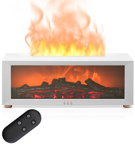 Aischens Diffuseur d'Aromathérapie 7 Couleurs Flamme de Cheminée Réglable, Humidificateur d'air pour Bar Chambre Bureau Déco, Arrêt Automatique Diffuseur pour Huiles Essentielles Cadeau (Blanc)