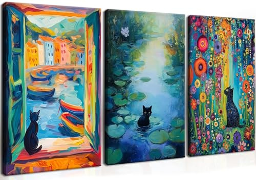 MUWAK Gerahmte lustige Monet schwarze Katze, Leinwand-Kunstdruck, skurrile Matisse-Katze, Wanddekoration, ästhetische Gartenbilder für Wohnzimmer, Schlafzimmer, Kinderzimmer, 40,6 x 61 cm