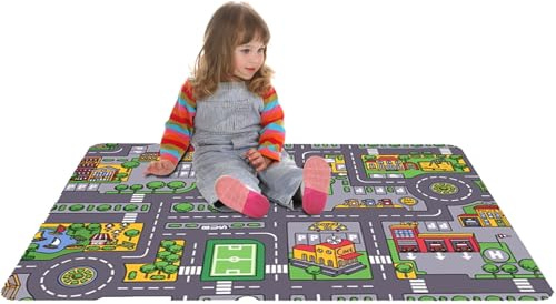 Traffic Play Teppich für Kinder – große Stadtstraßenmatte mit interaktivem Straßendesign | weiche Krabbeldecke für Kleinkinder im Kinderzimmer, Wohnzimmer, Schlafzimmer, Raum