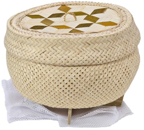 Heavens Tvcz Thai Bamboo Sticky Rice Steamer Basket – 7 Woven Cooker & Serving Bowl, Natural Wicker with 2 Cotton Cloth Liners – Asian Kitchen Tool & Table Decor