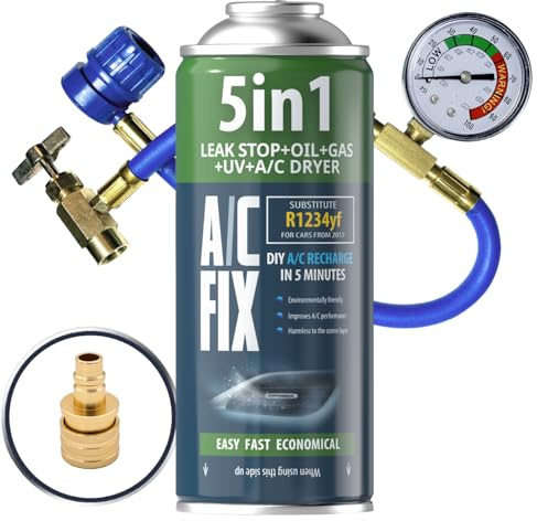 AC FIX 5in1 - Kältemittel R1234yf + Kabel + Adapter x2 für Auto Klimaanlage mit Öl, Dichtungsmittel, UV-Farbstoff, Trocknungsmittel - Schnelle Anwendung - Schützt den Kompressor