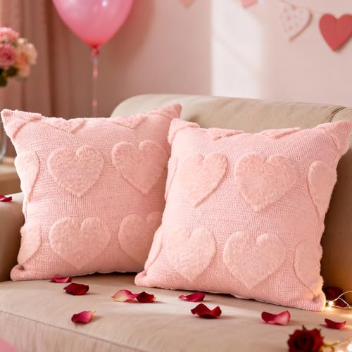 Lanpn 2 Stück Valentinstag Kissenbezüge 50x50cm, Dekorative Kissenhülle aus Plüsch Liebe Kissenbezug sofakissenbezug für Winter Wohnzimmer Schlafzimmer Sofadekoration (Rosa, Großes Herz)