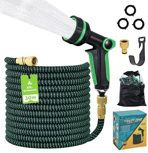 FLOWCASA - Manguera de jardín expandible de 30 m/100 pies, manguera de agua auto-retráctil y flexible con pistola XXL (24 cm), 10 patrones, accesorios de metal dobles (1/2 y 3/4), sin torceduras