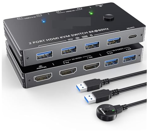 Switch KVM USB 3.0 8K60Hz con 3 switch USB 3.0 for 2 computer che condividono 1 monitor, tastiera e mouse con 2 cavi USB Compatibilità estesa