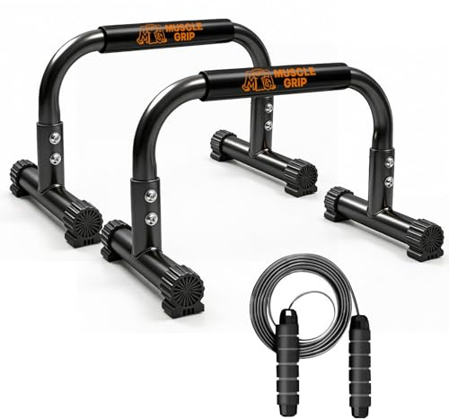 Push Up Bars Parallettes, 10” Heavy-Duty Steel Dip Bars with Non-Slip Foam Handles, Calisthenics Equipment for Handstands, L-Sit & Dips, Home Gym Workout Set with Jump Rope