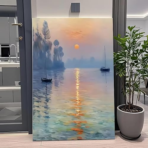 XIANGPEIFBH Wunderschöner Kunstdruck „Sonnenaufgang“ im Stil von Monet, strukturierte Leinwand, modernes Wandbild mit ruhiger Landschaft 75x110cm(30x44inch) Innenrahmen
