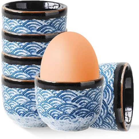 6 stycken äggkoppar porslin, äggkoppar camping, ägghållare porslin köksbestick, vackra äggkoppsset, diskmaskinssäker, äggkopp för frukostbord hårda mjukkokta ägg (ljusblå)