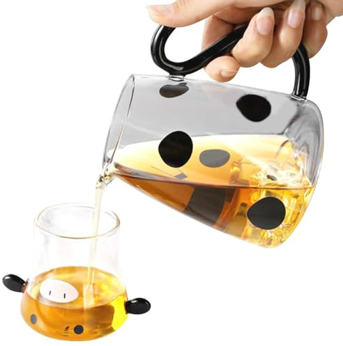 Cow Glass Water Pitcher – 550ml Cute Jug, Borosilicate Glass Milk Kettle, Cow Shape Design with Cup Lid | Cold Beverage Container for Fridge Use and Home Hotel Table Serving Kitchen Dining