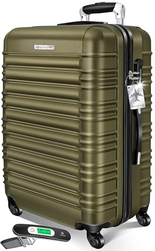 KESSER® Reisekoffer 120L Großer Hartschalen Koffer Inkl. Kofferwaage + Gepäckanhänger | Trolley Gepäck Rollkoffer Zahlenschloss 4 Rollen ABS-Hartschale Teleskopgriff, 75x50x32cm, Olivgrün