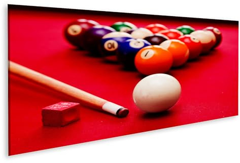islandburner Bild auf Leinwand Billards Pool Spiel Cue Ball Cue Farbigen Kugeln In Dreieck Kreide Rotes Tuch Tisch Wandbild Poster Kunstdruck Bilder